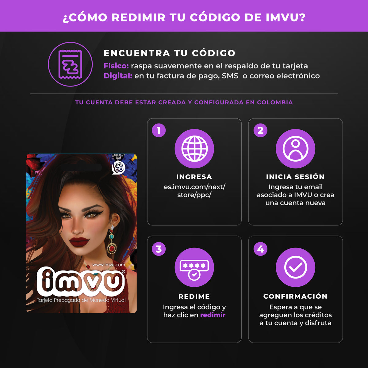 Tarjeta Prepagada IMVU $40,000 + Costo Adicional – Personaliza tu Avatar y Accede a Ventas Exclusivas VIP